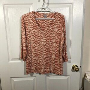 chico's women top tshirt with wood-like rust print, size 2, 3/4 sleeves, L